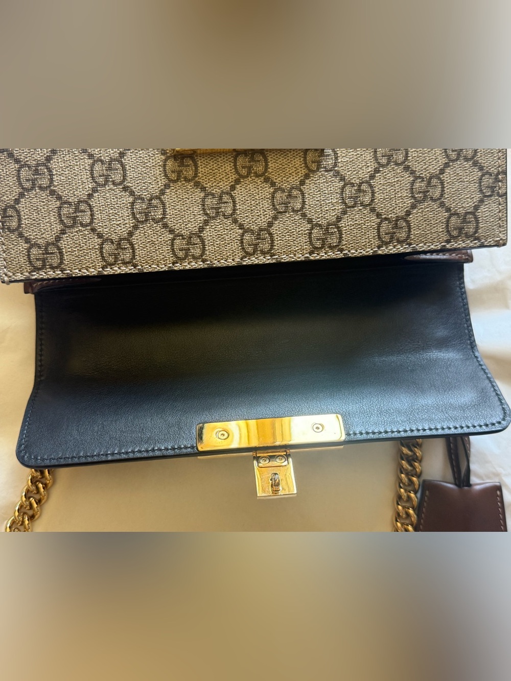 Gucci Brown/Black GG Supreme Canvas Crossbody with Gold Lock - Picture 7 of 16